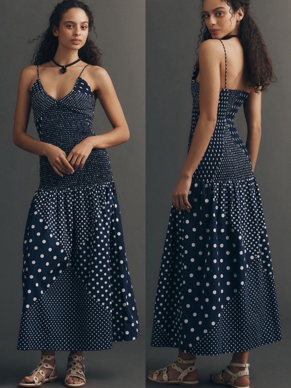 NWT S/W/F Drop-Waist Cotton Maxi Dress in Navy Polka Dot size Large